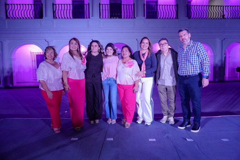Maryose Gamboa Torales y la presidenta del Sistema DIF municipal, María Paula Hakin Gamboa, encabezaron el encendido del Palacio Municipal en color rosa