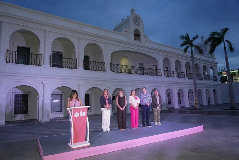 Maryose Gamboa Torales y la presidenta del Sistema DIF municipal, María Paula Hakin Gamboa, encabezaron el encendido del Palacio Municipal en color rosa